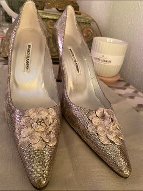 Manolo Blahnik Metallic Pointed-Toe Pumps with Floral Appliqué